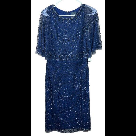 Adrianna Papell Navy Beaded  sheath dress with cape 6 NWT‎ Gorgeous - Picture 1 of 5